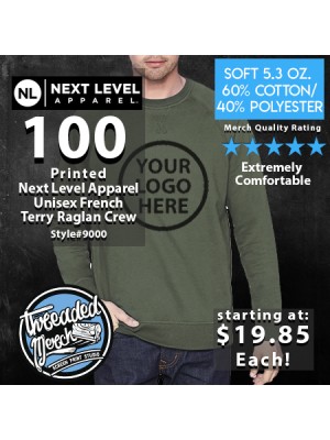 100 Custom Screen Printed Next Level #9000 FRENCH TERRY RAGLAN CREW Special                                                                                                                         